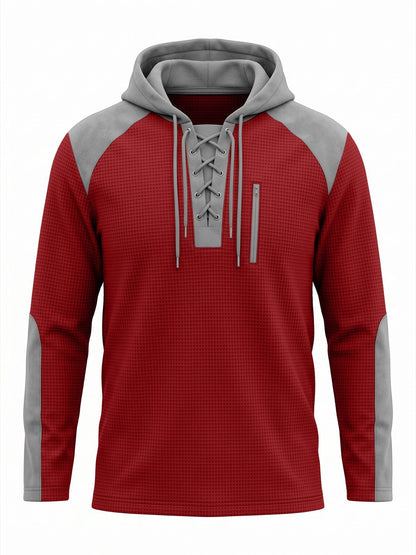 Herenhoodie in wafelstructuur met veterhals en borstzak - rood