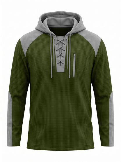 Herenhoodie in wafelstructuur met veterhals en borstzak - olijfgroen