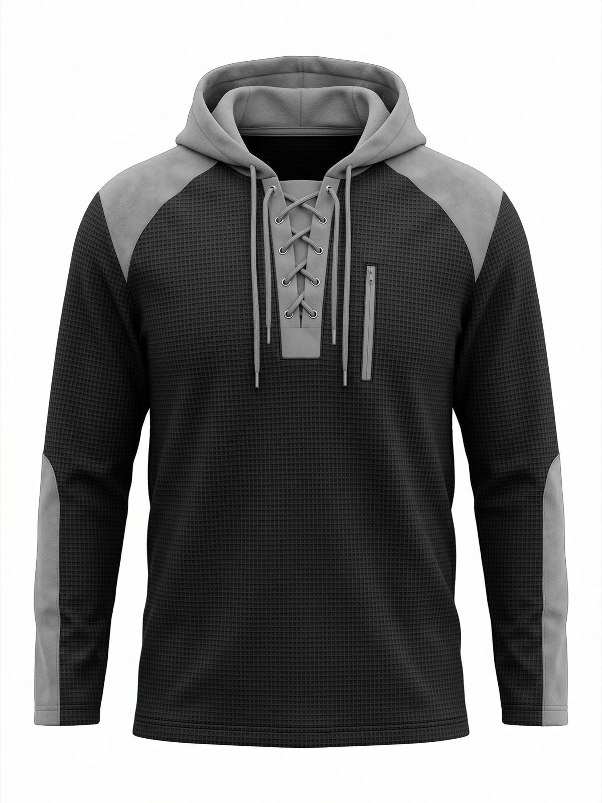 Herenhoodie in wafelstructuur met veterhals en borstzak - zwart