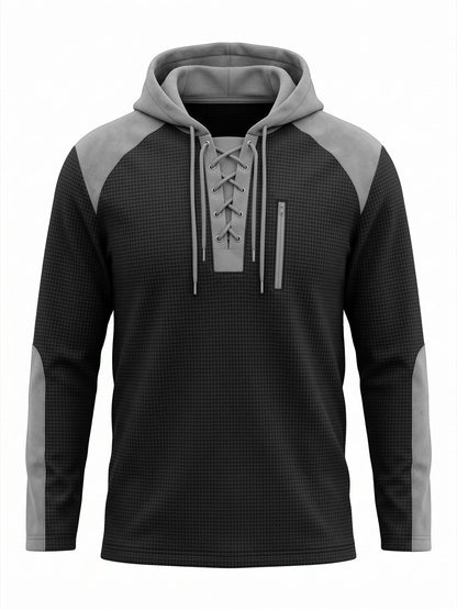 Herenhoodie in wafelstructuur met veterhals en borstzak - zwart
