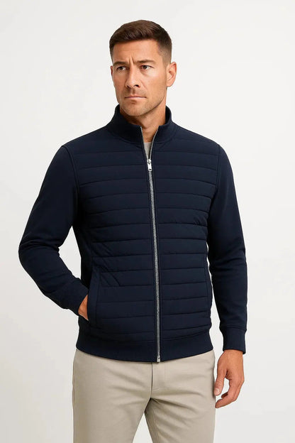 Herenjack met gewatteerd voorpand, tricot mouwen en opstaande kraag - marineblauw