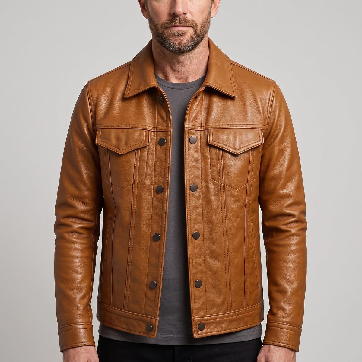 Herenjack in leerlook met overhemdkraag en borstzakken - cognac
