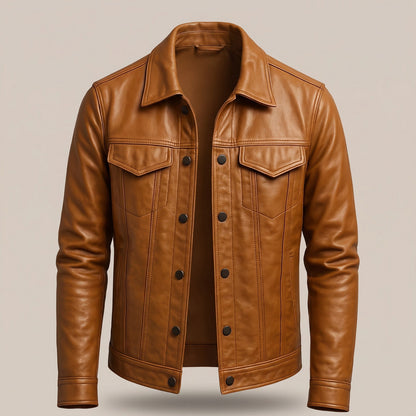 Herenjack in leerlook met overhemdkraag en borstzakken - cognac