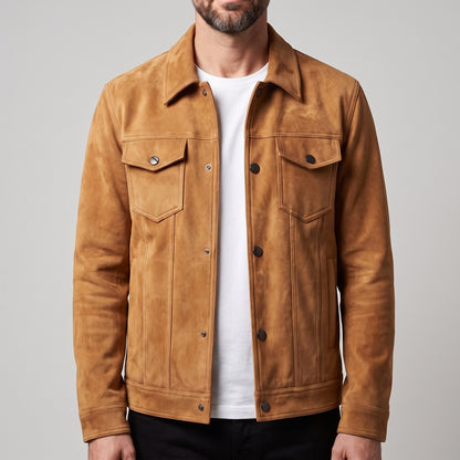 Herenjack in suède look met borstzakken en drukknopen - cognac