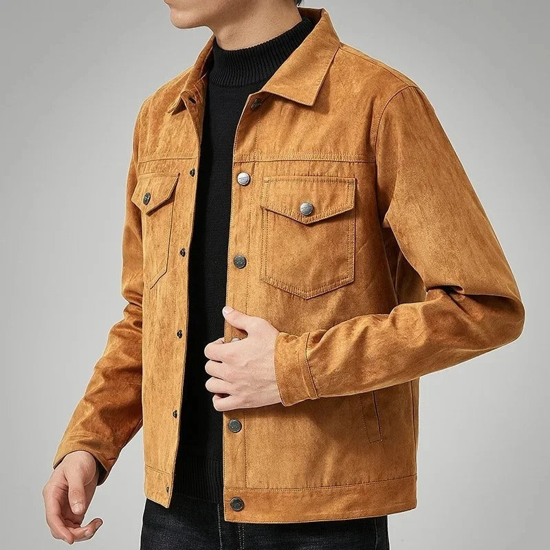 Herenjack in suède look met puntkraag en klepzakken op de borst - camel