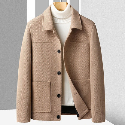 Herenjack in wollook met visgraatdessin, overhemdkraag en opgestikte zakken - camel