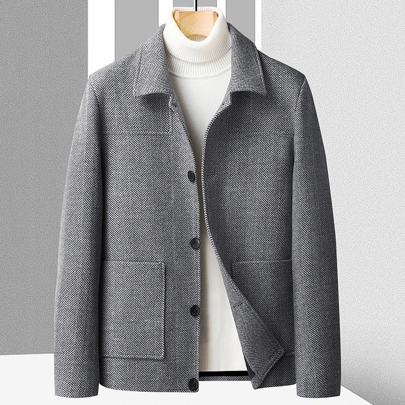Herenjack in wollook met visgraatdessin, overhemdkraag en opgestikte zakken - grijs