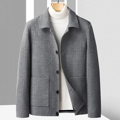 Herenjack in wollook met visgraatdessin, overhemdkraag en opgestikte zakken - grijs