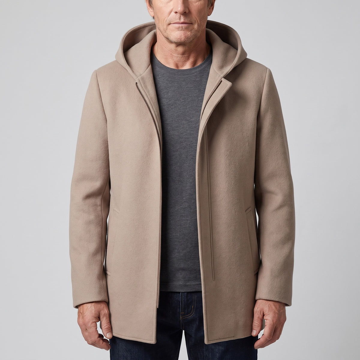 Halflange herenjas in wollook met capuchon en ritssluiting - taupe