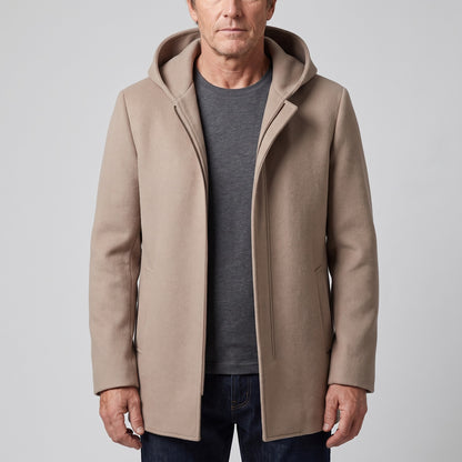 Halflange herenjas in wollook met capuchon en ritssluiting - taupe