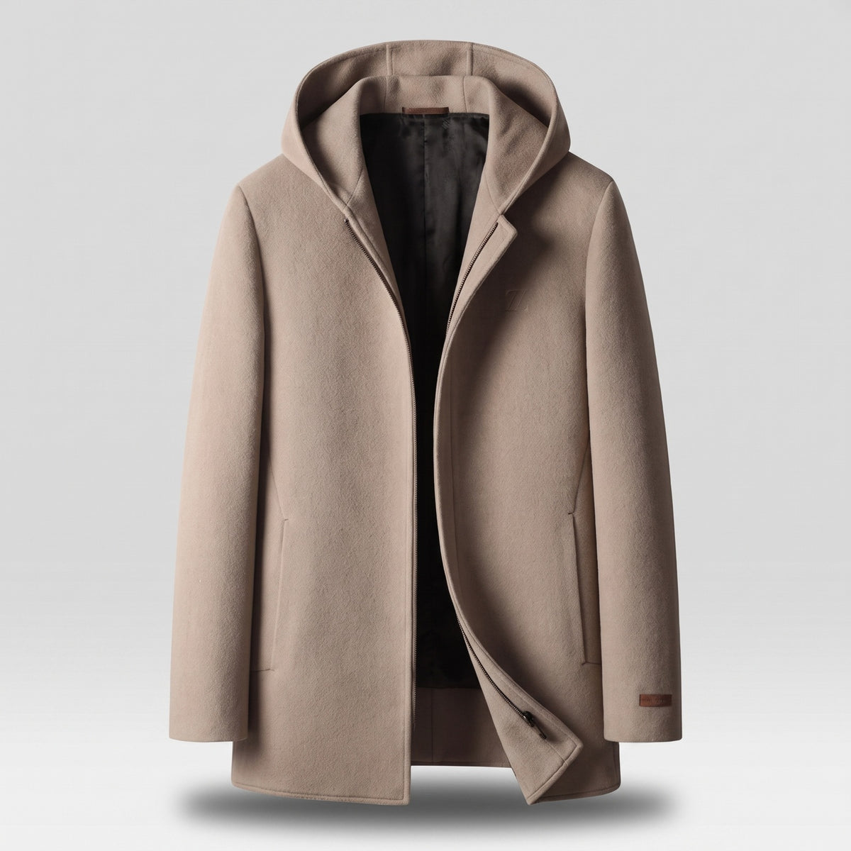 Halflange herenjas in wollook met capuchon en ritssluiting - taupe