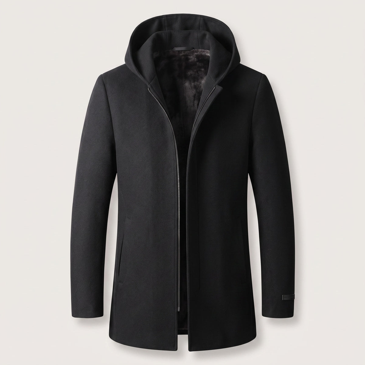 Halflange herenjas in wollook met capuchon en ritssluiting - zwart