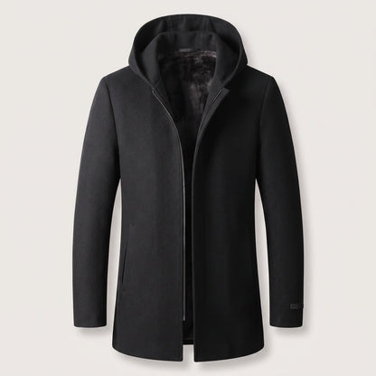 Halflange herenjas in wollook met capuchon en ritssluiting - zwart