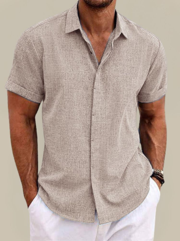 Herenoverhemd met korte mouw in linnenlook, klassieke kraag en omgeslagen mouwzoom - taupe