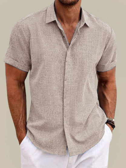 Herenoverhemd met korte mouw in linnenlook, klassieke kraag en omgeslagen mouwzoom - taupe