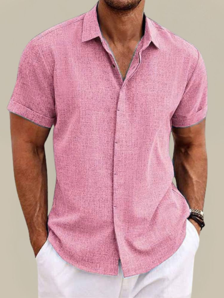 Herenoverhemd met korte mouw in linnenlook, klassieke kraag en omgeslagen mouwzoom - roze