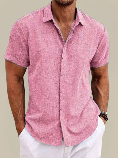 Herenoverhemd met korte mouw in linnenlook, klassieke kraag en omgeslagen mouwzoom - roze