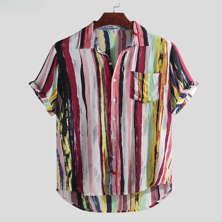 Herenoverhemd met korte mouw, borstzak en veelkleurige verfstrepen - roze multicolor