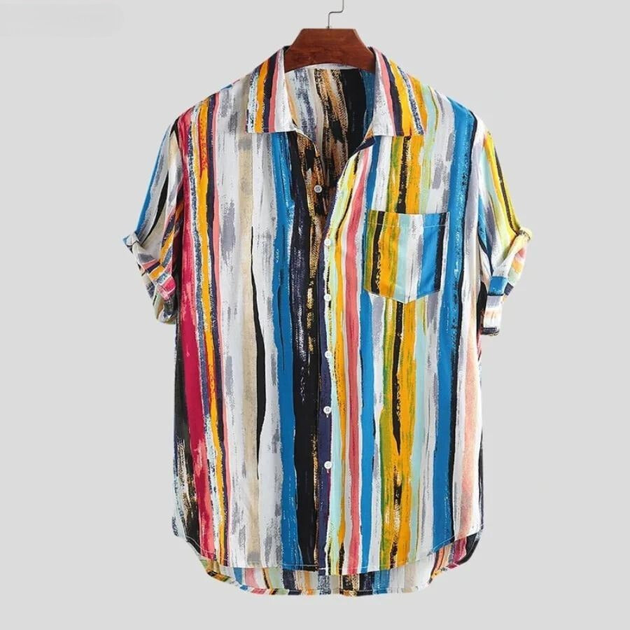Herenoverhemd met korte mouw, borstzak en veelkleurige verfstrepen - blauw multicolor