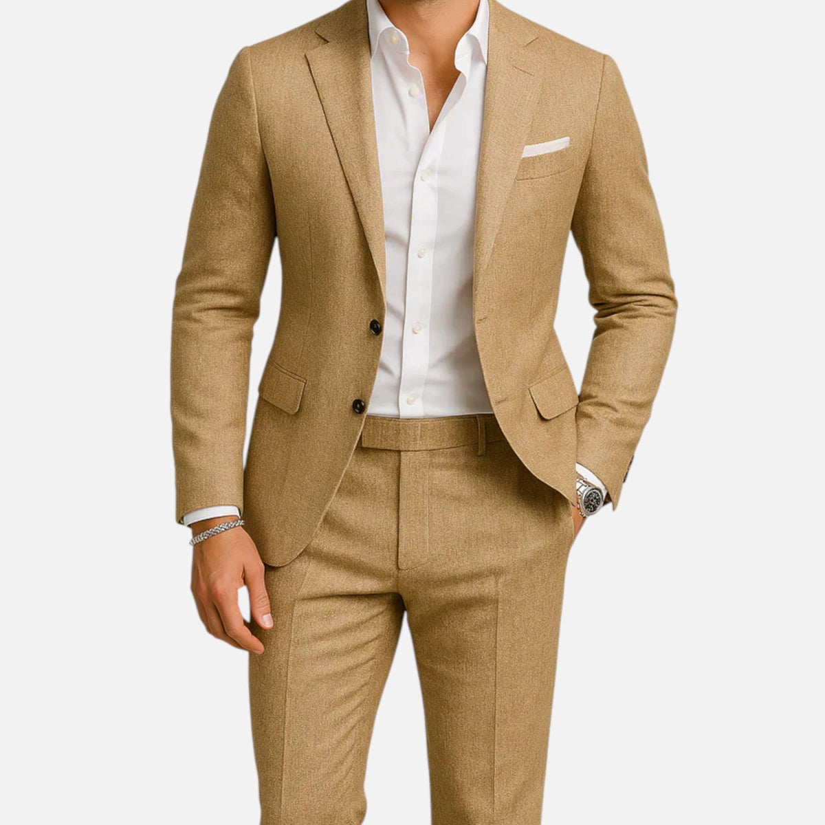 Tweedelig herenpak in linnenlook met colbert met twee knopen en rechte pantalon met persplooi - lichtbruin