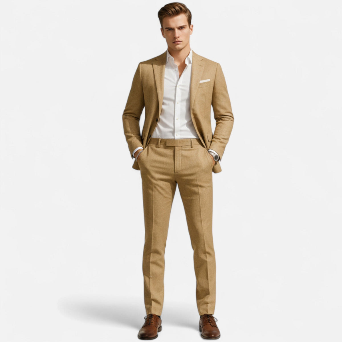 Tweedelig herenpak in linnenlook met colbert met twee knopen en rechte pantalon met persplooi