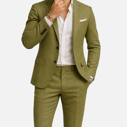 Tweedelig herenpak in linnenlook met colbert met twee knopen en rechte pantalon met persplooi - olijfgroen