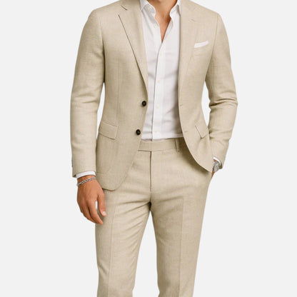 Tweedelig herenpak in linnenlook met colbert met twee knopen en rechte pantalon met persplooi - beige