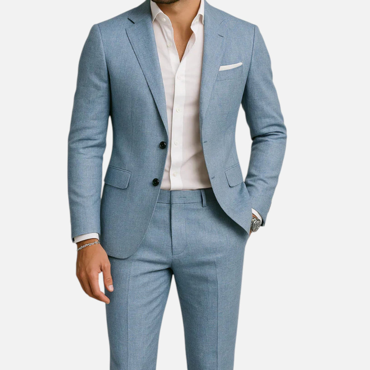 Tweedelig herenpak in linnenlook met colbert met twee knopen en rechte pantalon met persplooi - lichtblauw
