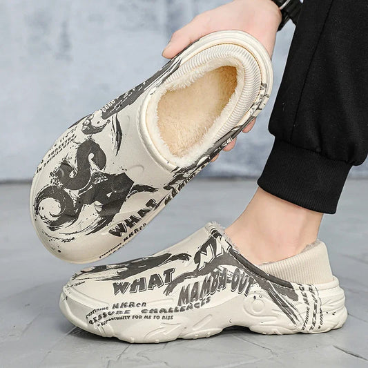 Herenpantoffels van EVA met grafische print, pluche voering en inklapbare hiel