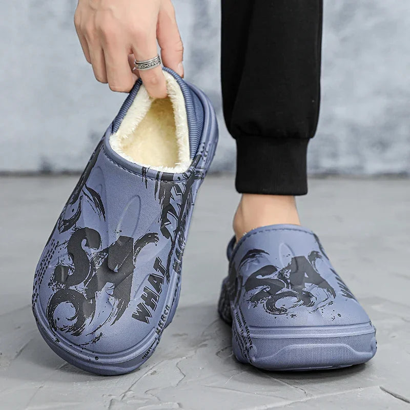 Herenpantoffels van EVA met grafische print, pluche voering en inklapbare hiel - beeld 3