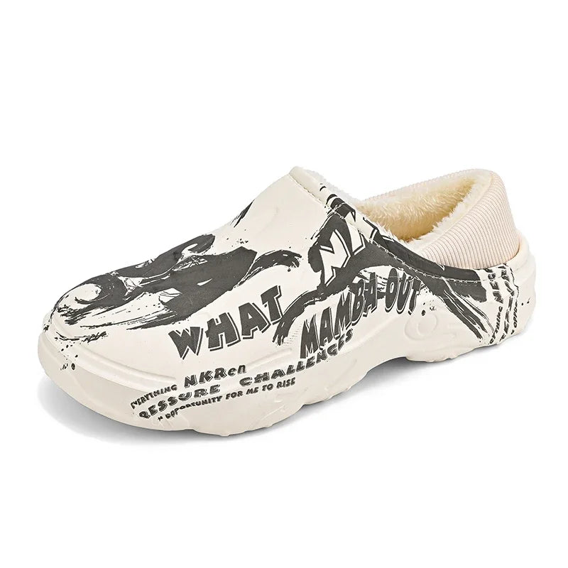 Herenpantoffels van EVA met grafische print, pluche voering en inklapbare hiel - crème