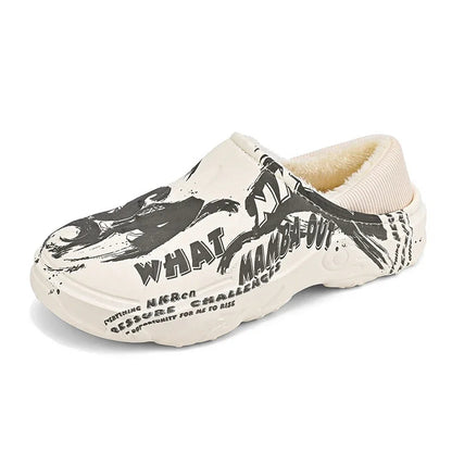 Herenpantoffels van EVA met grafische print, pluche voering en inklapbare hiel - crème