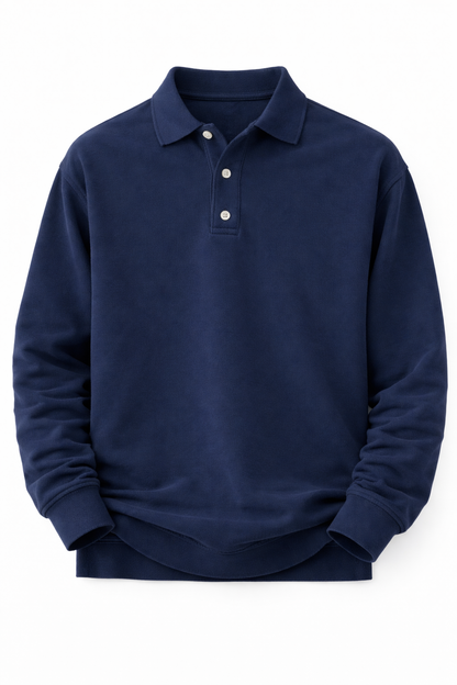 Herenpolo met lange mouwen in gewassen sweatstof - donkerblauw