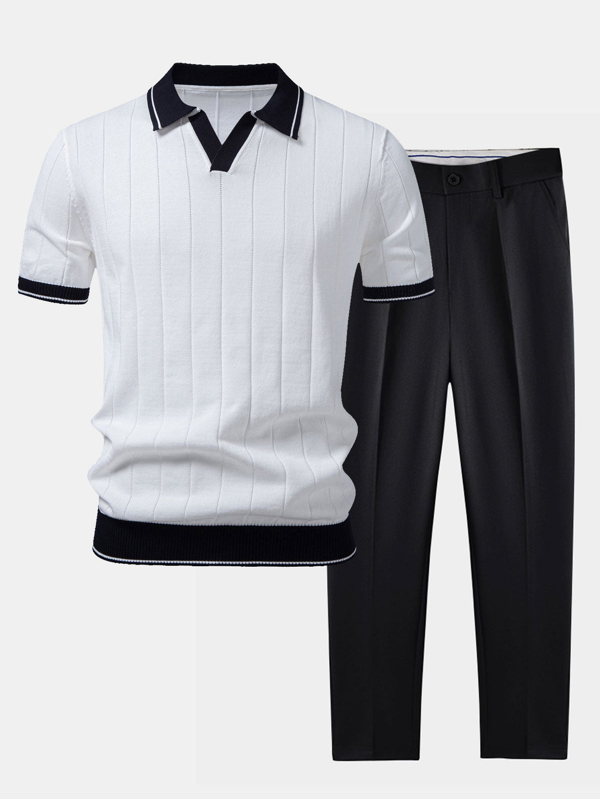 Tweedelige herenset met gebreide polo met open V-kraag en taps toelopende pantalon - wit/zwart