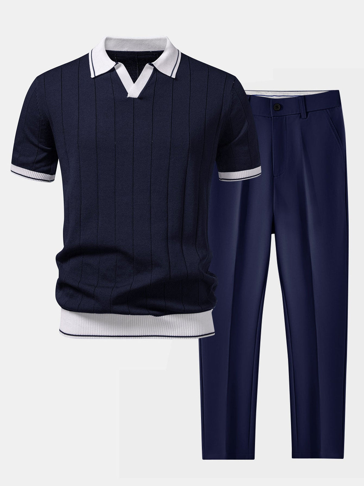 Tweedelige herenset met gebreide polo met open V-kraag en taps toelopende pantalon - marineblauw