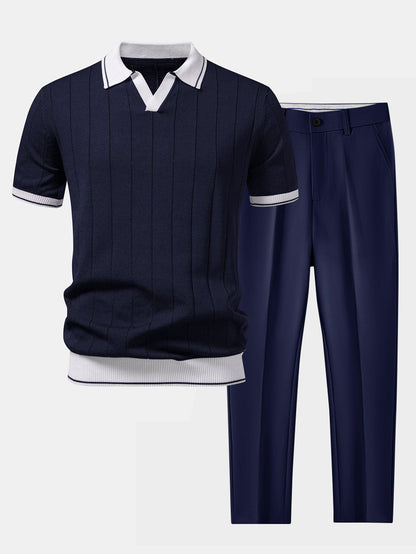 Tweedelige herenset met gebreide polo met open V-kraag en taps toelopende pantalon - marineblauw