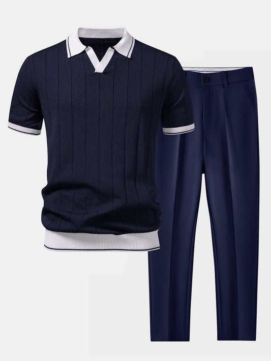 Tweedelige herenset met gebreide polo met open V-kraag en taps toelopende pantalon - marineblauw