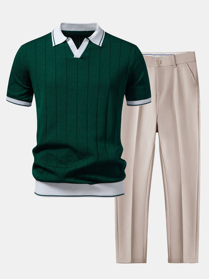 Tweedelige herenset met gebreide polo met open V-kraag en taps toelopende pantalon - donkergroen/beige