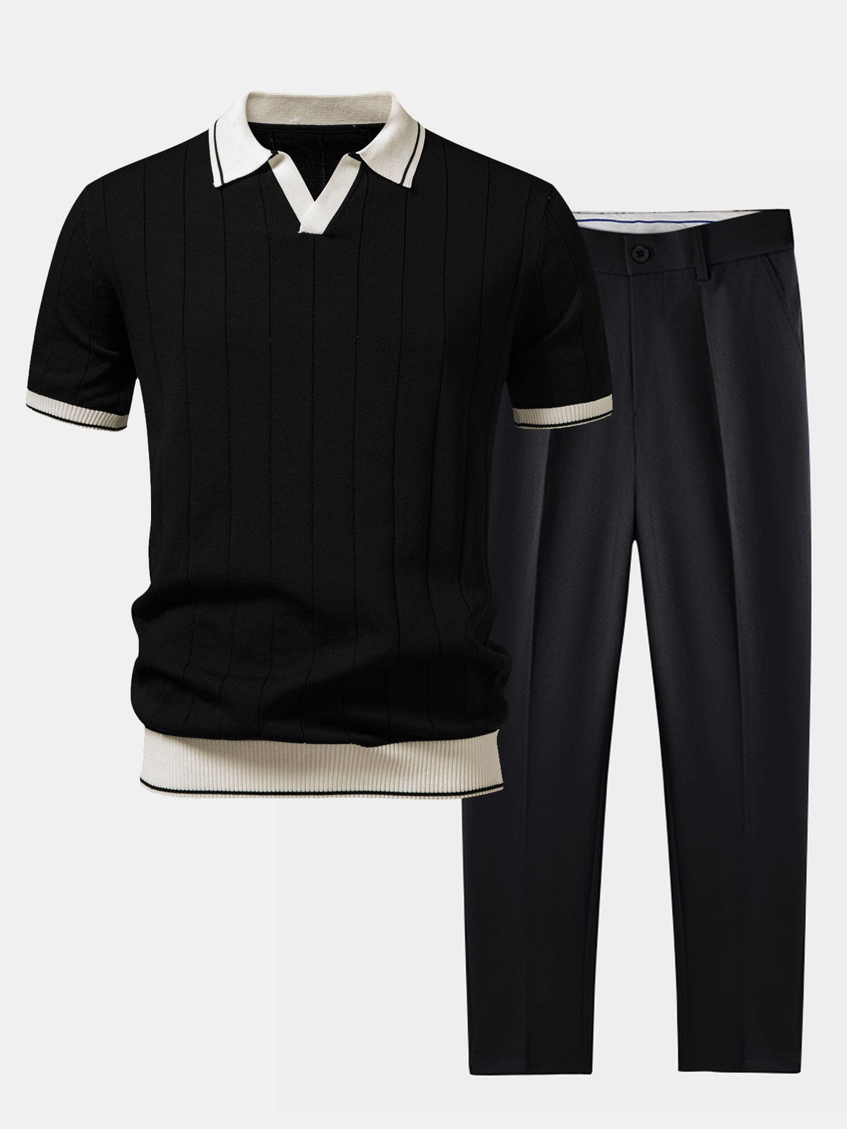 Tweedelige herenset met gebreide polo met open V-kraag en taps toelopende pantalon - zwart