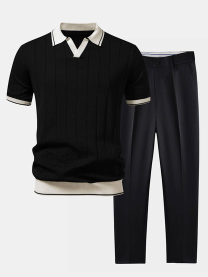 Tweedelige herenset met gebreide polo met open V-kraag en taps toelopende pantalon - zwart