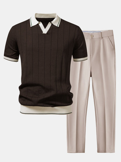 Tweedelige herenset met gebreide polo met open V-kraag en taps toelopende pantalon - donkerbruin/beige