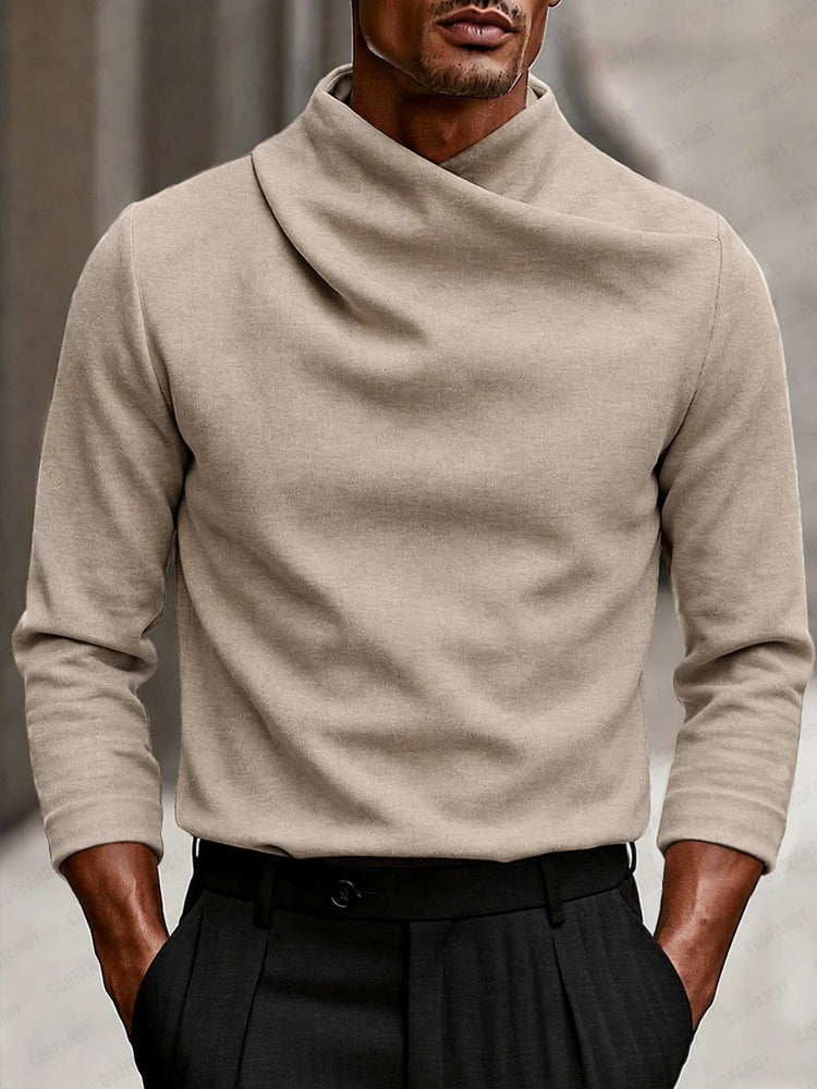 Herenshirt met lange mouwen en gedrapeerde overslagkraag - beige