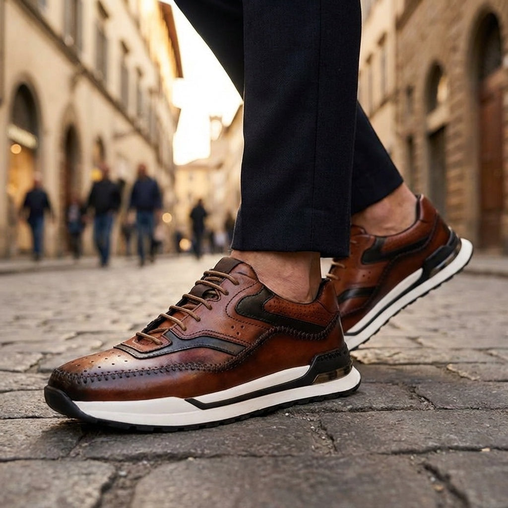Herensneakers in leerlook met patina, brogue-perforatie en een zichtbaar luchtkussen in de hiel - beeld 8