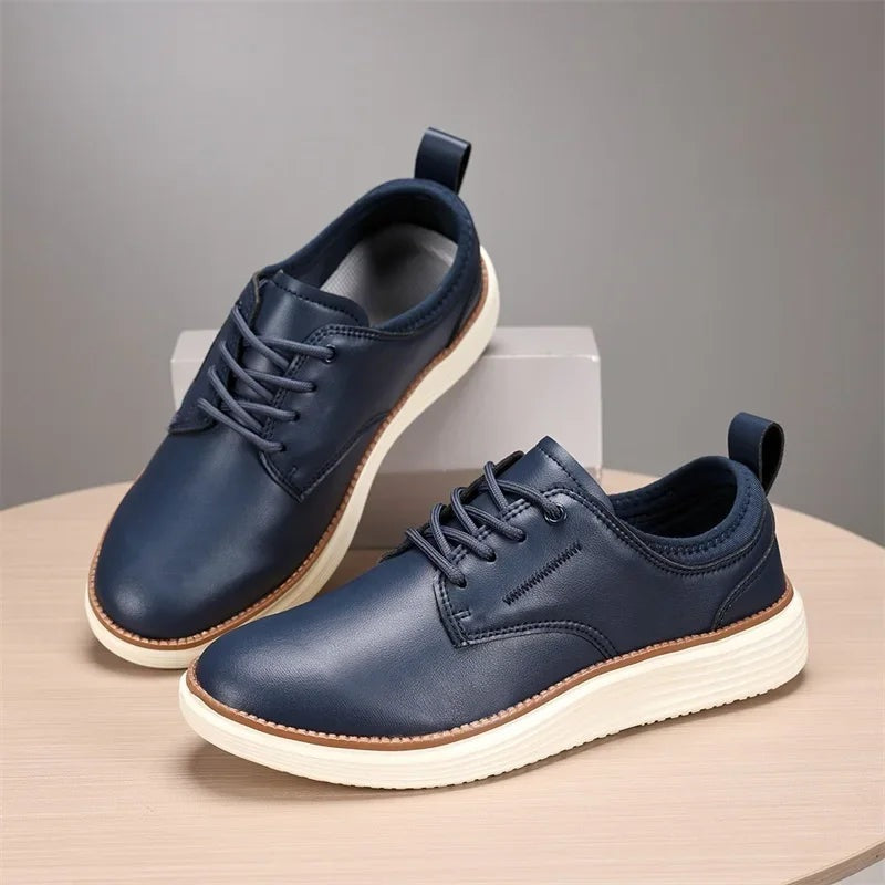 Herensneakers in leerlook met elastische kraag, witte zool met bruine rand en hiellus - beeld 8