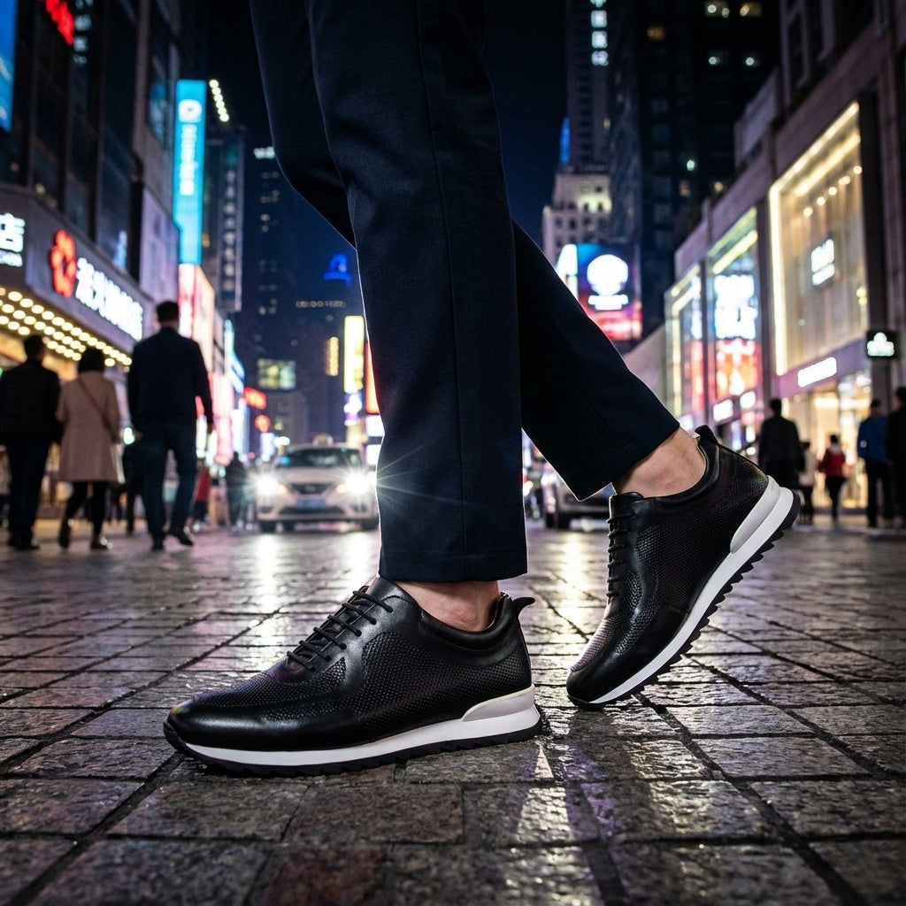 Herensneakers in glanzende leerlook met geperforeerde panelen en witte tussenzool - beeld 4