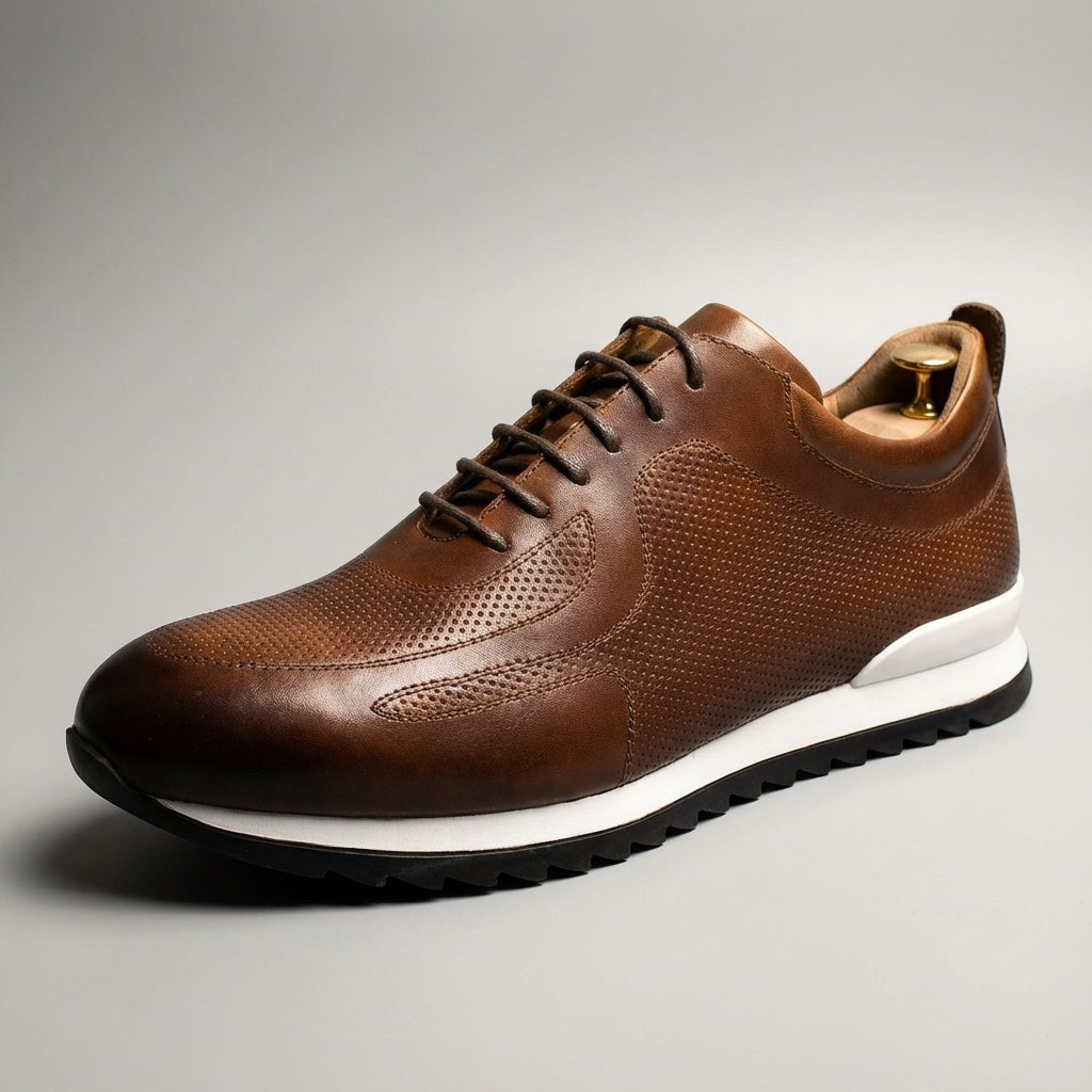 Herensneakers in glanzende leerlook met geperforeerde panelen en witte tussenzool - beeld 5