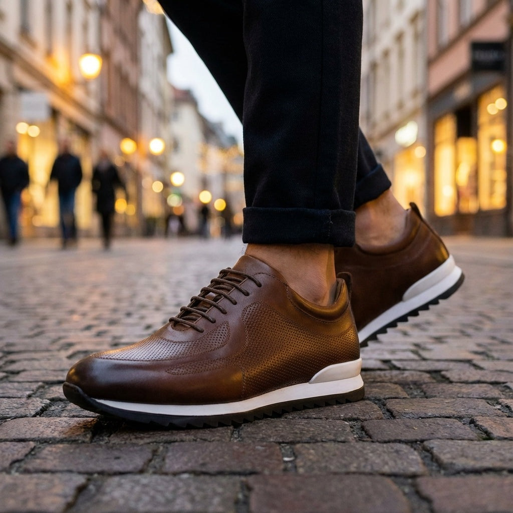 Herensneakers in glanzende leerlook met geperforeerde panelen en witte tussenzool - beeld 9
