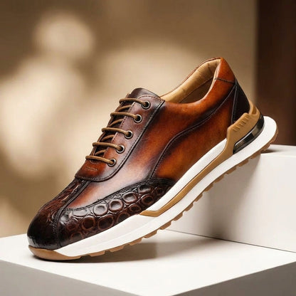 Herensneakers in leerlook met gepatineerde kleur, kroko-reliëf op de neus en luchtkussen in de hiel - beeld 5