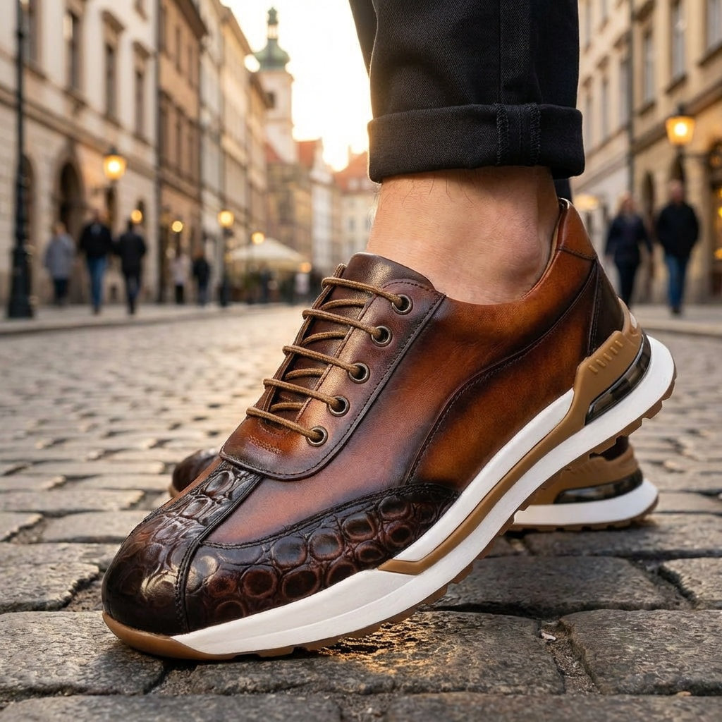 Herensneakers in leerlook met gepatineerde kleur, kroko-reliëf op de neus en luchtkussen in de hiel - beeld 8