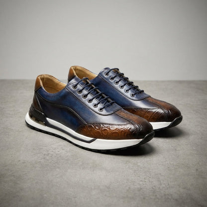 Herensneakers in leerlook met gepatineerde kleur, kroko-reliëf op de neus en luchtkussen in de hiel - beeld 9